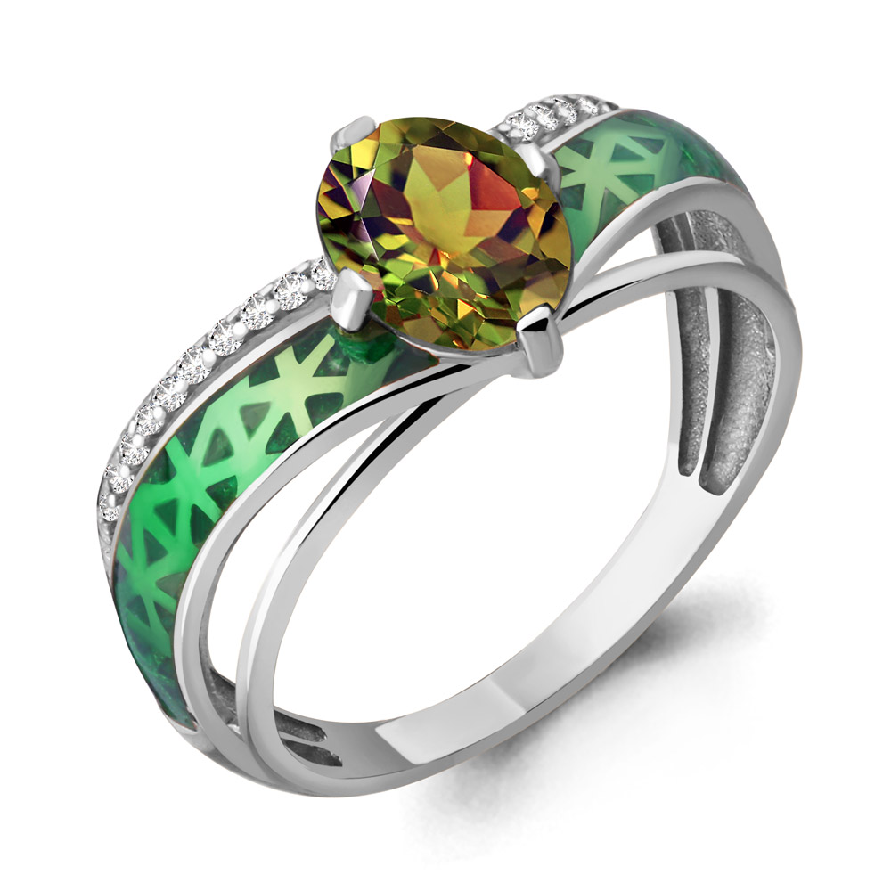 6566219А Кольцо из Серебра с султанитом иск., фианитами, эмалью из коллекции "Rio"