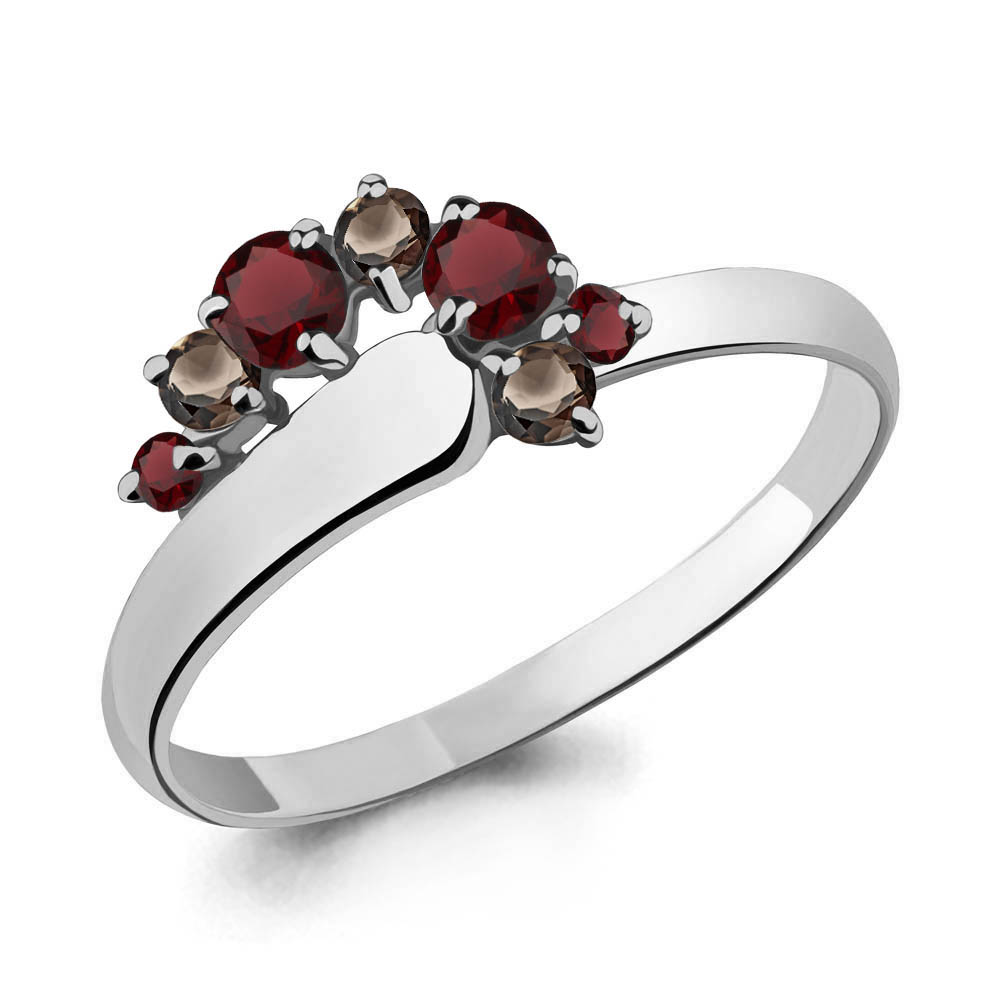 6567736 Кольцо из Серебра с гранатами, кварцами дымчатыми из коллекции "Аура"
