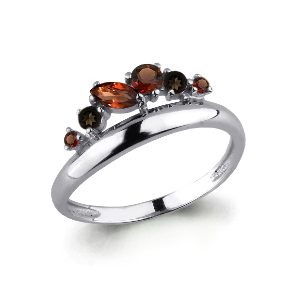 6567836 Кольцо из Серебра с гранатами, кварцами дымчатыми из коллекции "Аура"