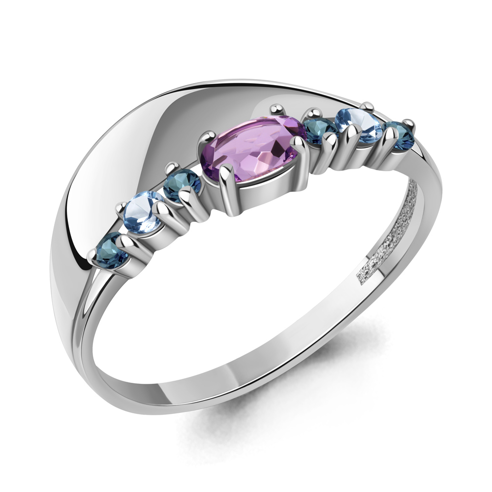 6568142 Кольцо из Серебра с аметистом, топазами лондон блю, топазами свисс блю из коллекции "Аура"