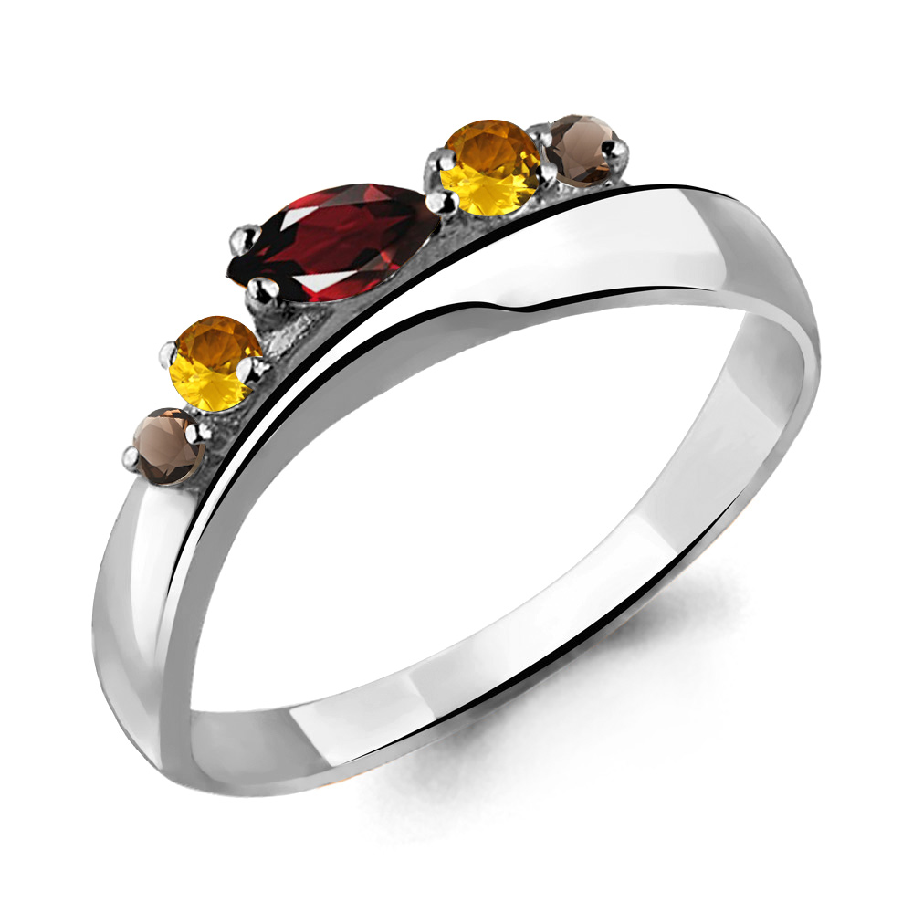 6568247 Кольцо из Серебра с гранатом, кварцами дымчатыми, цитринами из коллекции "Аура"