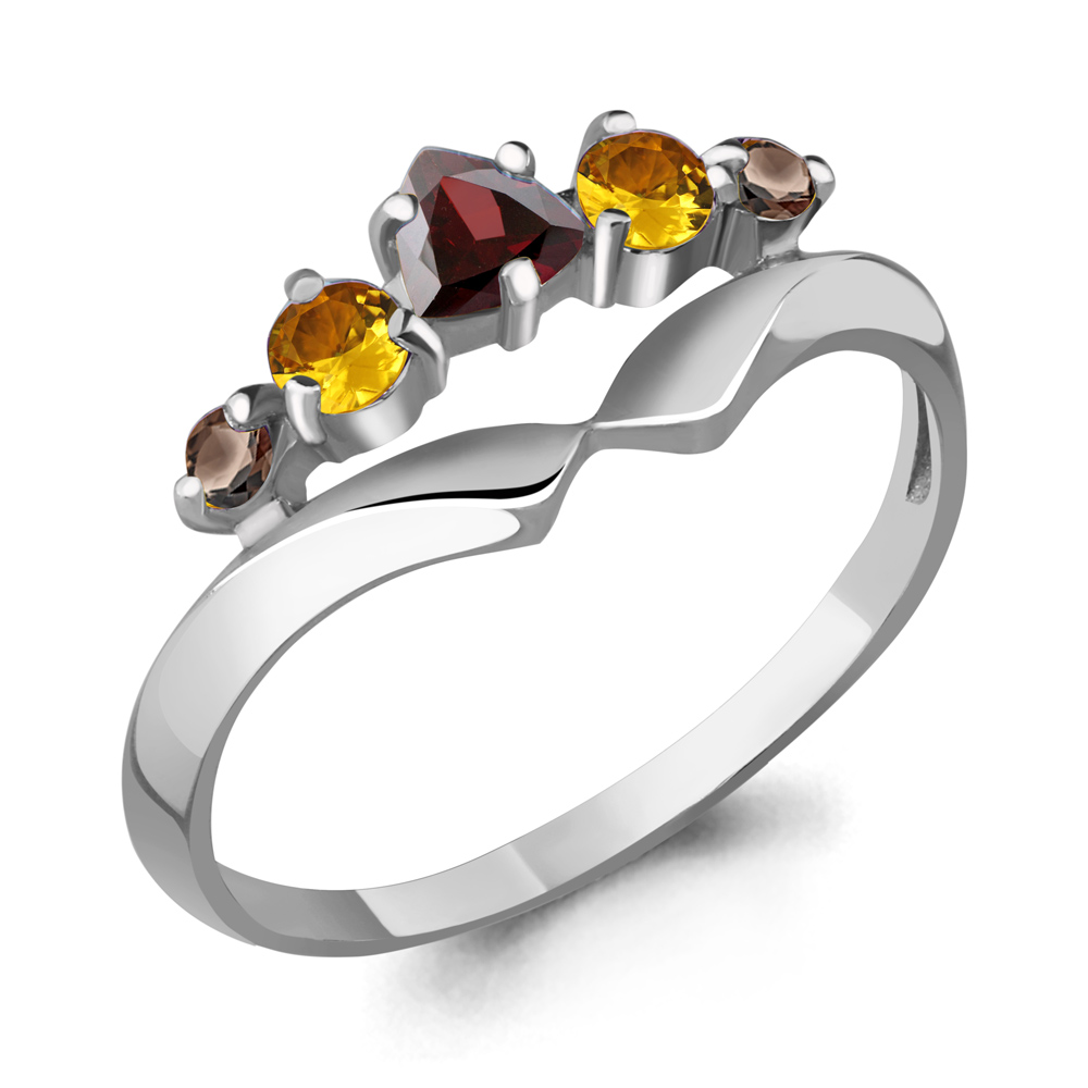 6568747 Кольцо из Серебра с гранатом, кварцами дымчатыми, цитринами из коллекции "Аура"