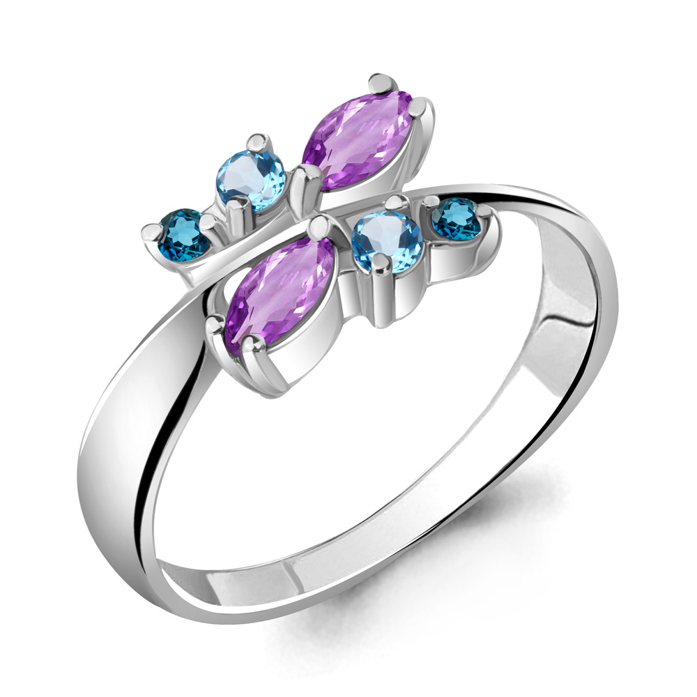 6568942 Кольцо из Серебра с аметистами, топазами лондон блю, топазами свисс блю из коллекции "Аура"