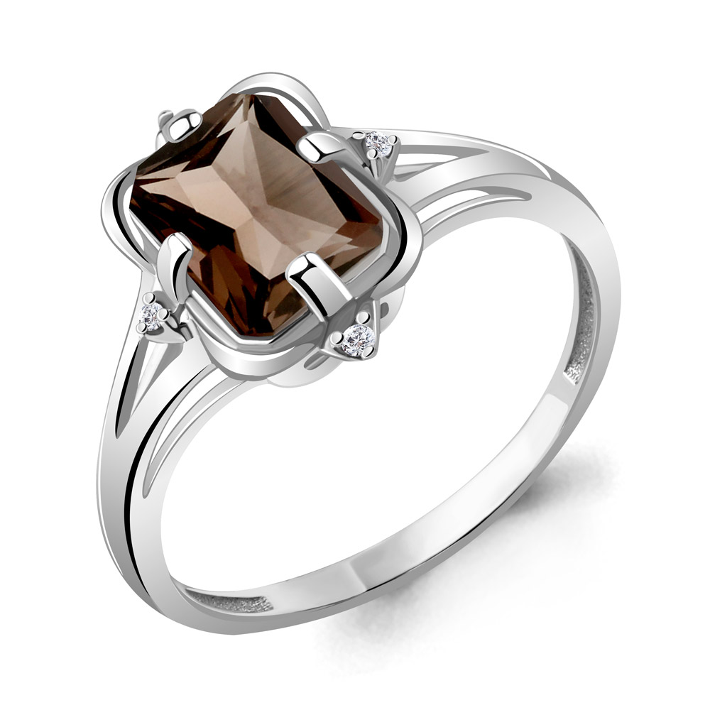 6569501А Кольцо из Серебра с кварцем дымчатым, фианитами