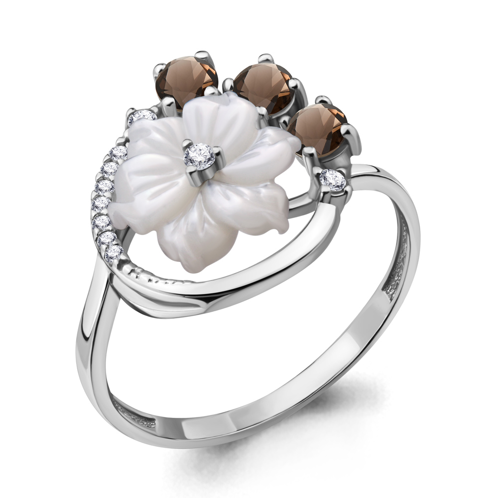 6570701А Кольцо из Серебра с кварцами дымчатыми, поделочным камнем, фианитами из коллекции "Жозефина"