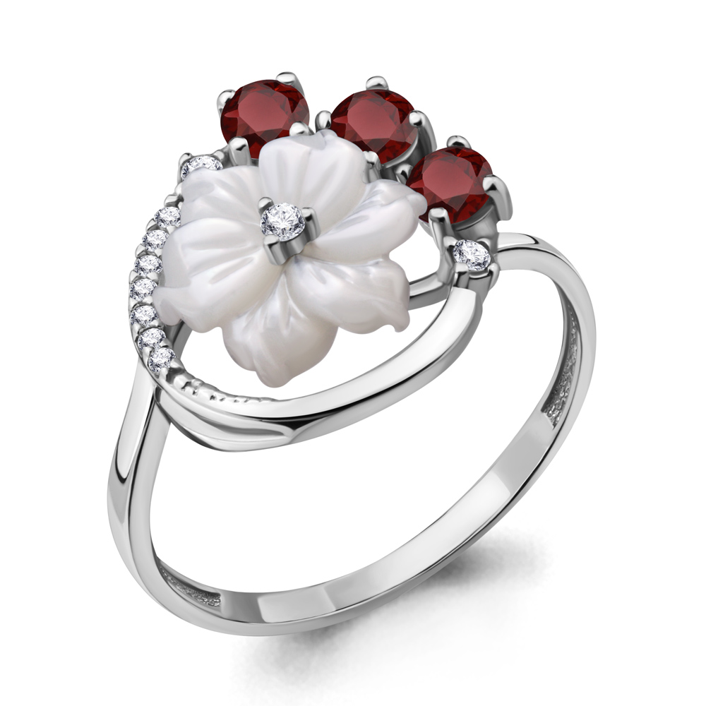 6570703А Кольцо из Серебра с гранатами, поделочным камнем, фианитами из коллекции "Жозефина"