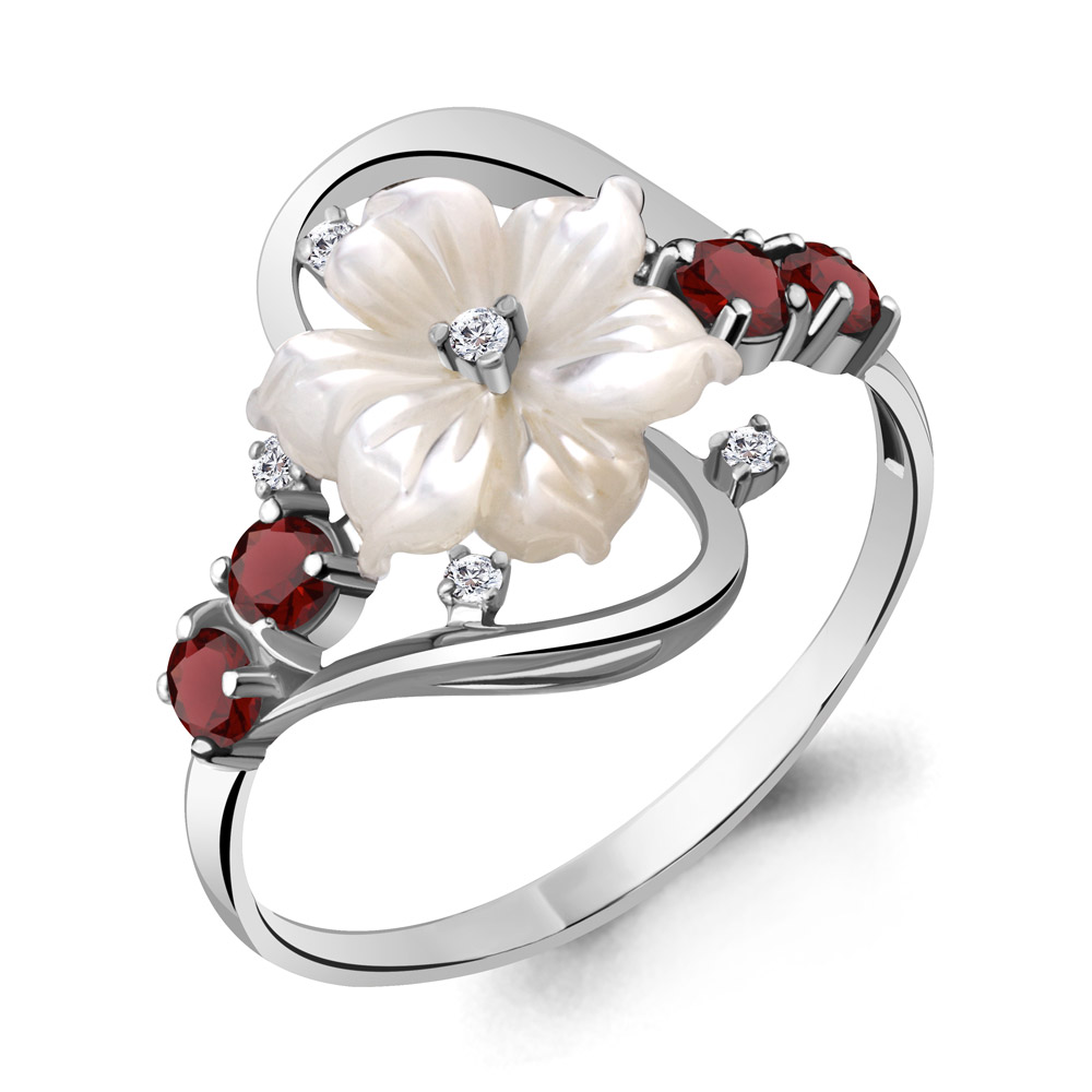 6570803А Кольцо из Серебра с гранатами, поделочным камнем, фианитами из коллекции "Жозефина"