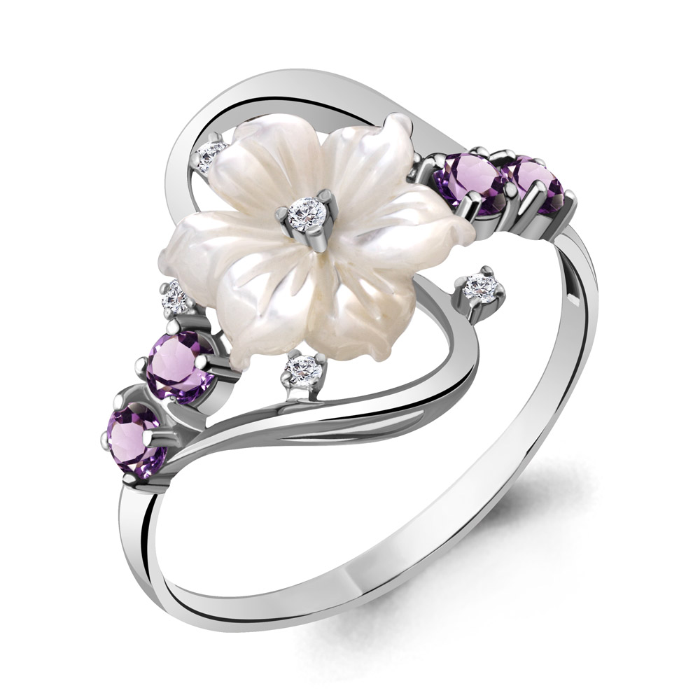 6570804А Кольцо из Серебра с аметистами, поделочным камнем, фианитами из коллекции "Жозефина"