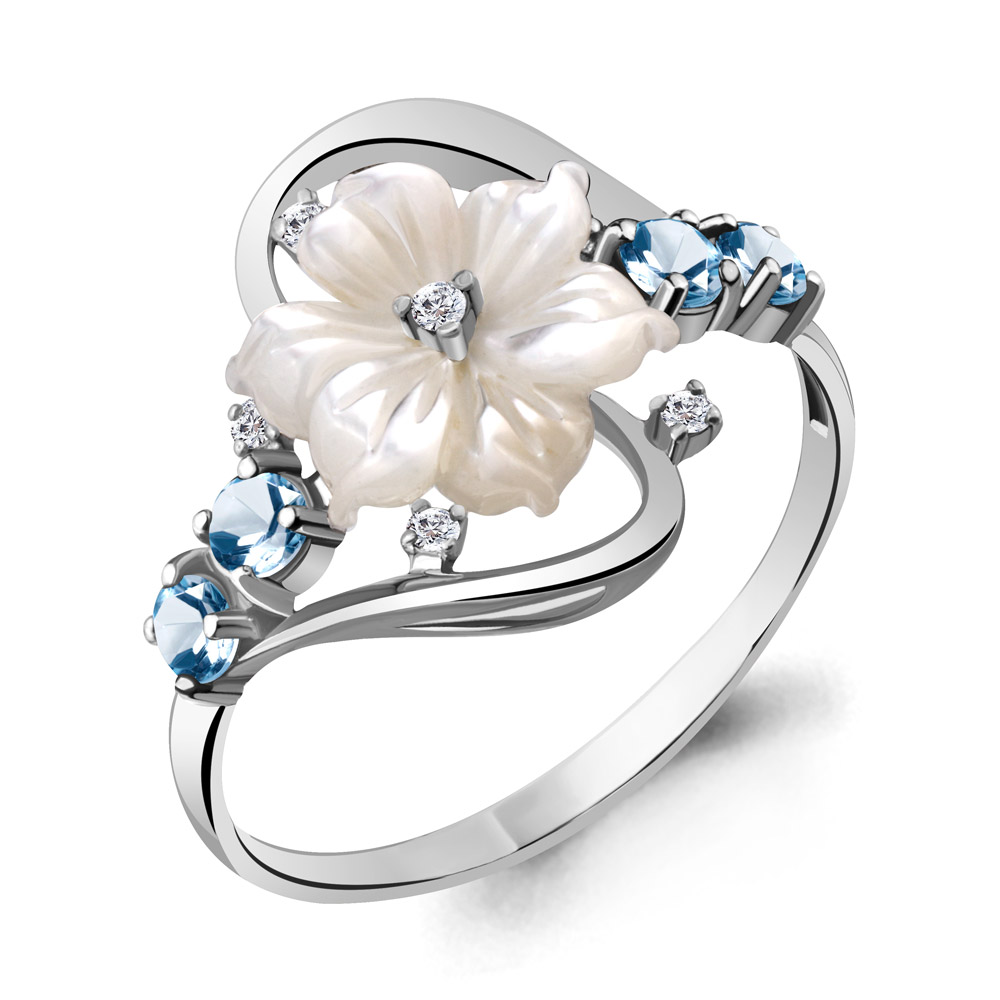 6570805А Кольцо из Серебра с поделочным камнем, топазами свисс блю, фианитами из коллекции "Жозефина"