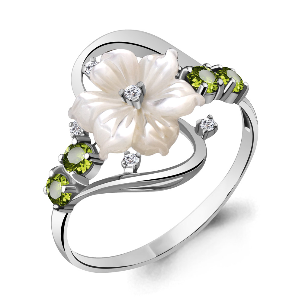 6570807А Кольцо из Серебра с поделочным камнем, фианитами, хризолитами из коллекции "Жозефина"