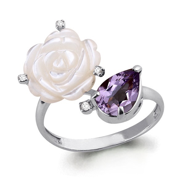 6570904 Кольцо из Серебра с аметистом, поделочным камнем, фианитами