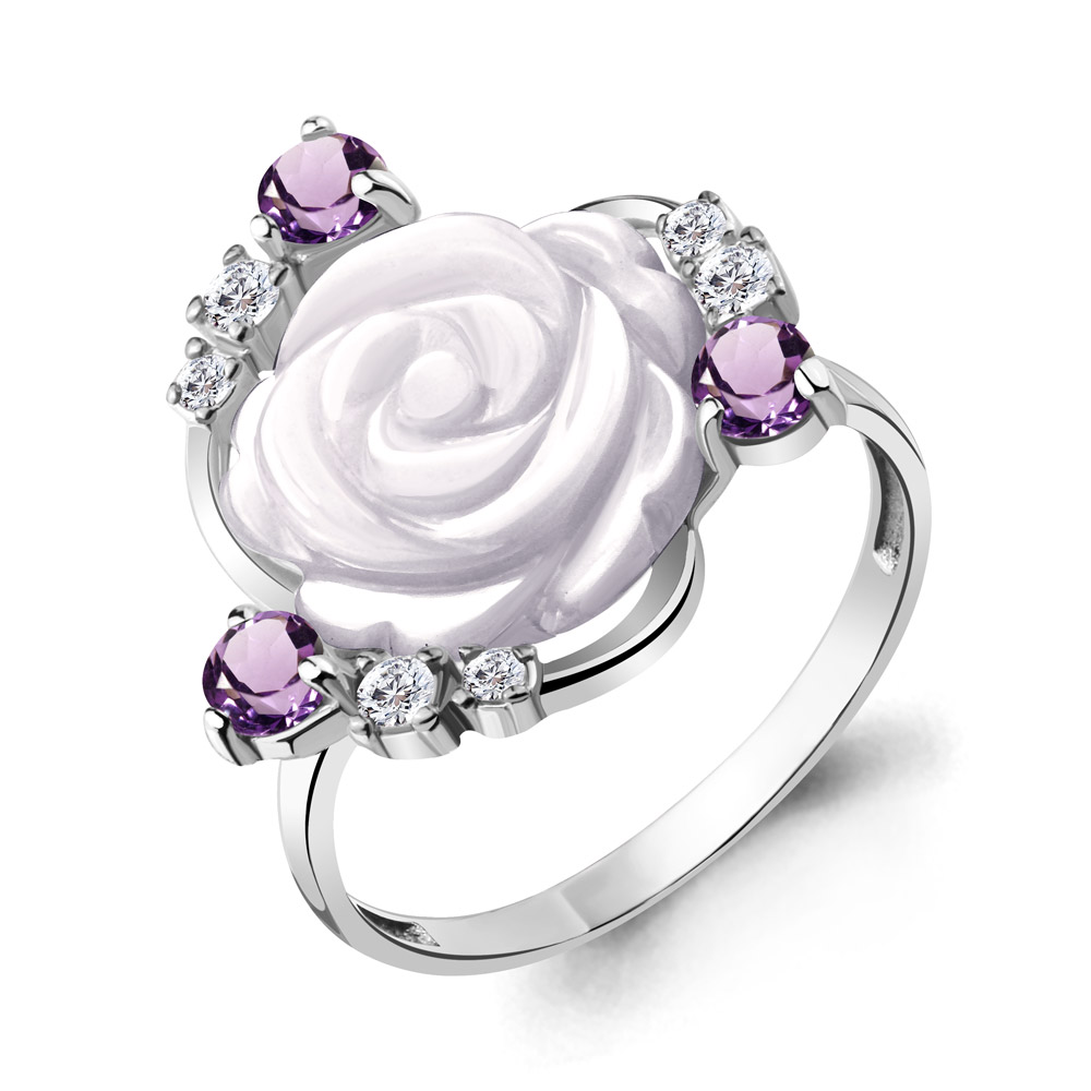 6571004А Кольцо из Серебра с аметистами, поделочным камнем, фианитами из коллекции "Жозефина"