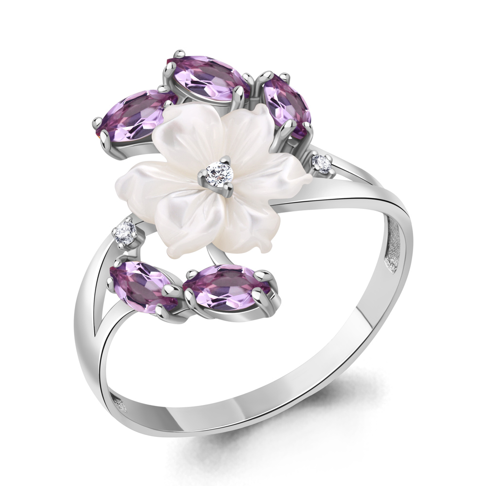 6571104 Кольцо из Серебра с аметистами, поделочным камнем, фианитами