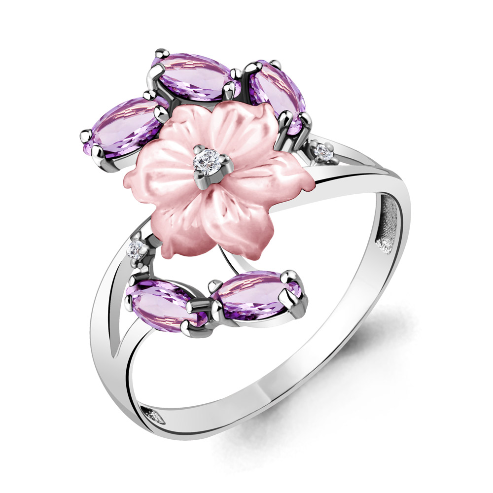 6571104В Кольцо из Серебра с аметистами, поделочным камнем, фианитами из коллекции "Жозефина"