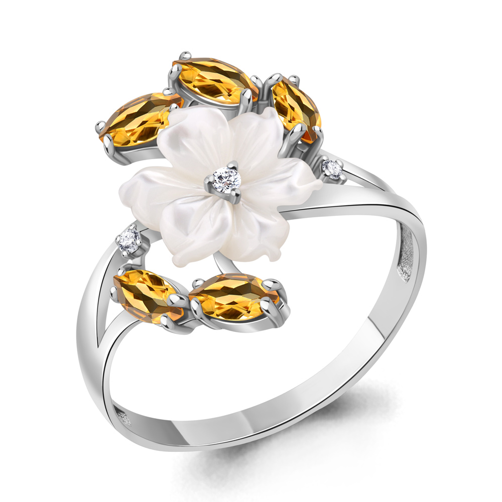 6571106 Кольцо из Серебра с поделочным камнем, фианитами, цитринами