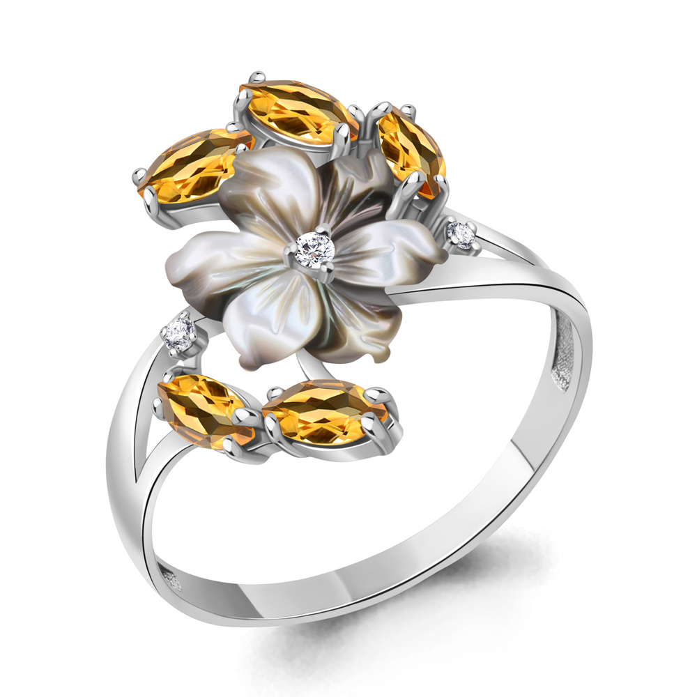 6571106Ч Кольцо из Серебра с поделочным камнем, фианитами, цитринами из коллекции "Жозефина"