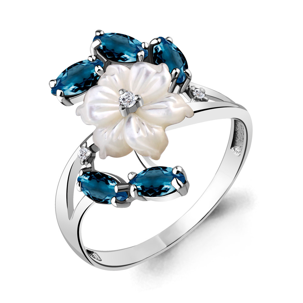 6571108А Кольцо из Серебра с поделочным камнем, топазами лондон блю, фианитами из коллекции "Жозефина"