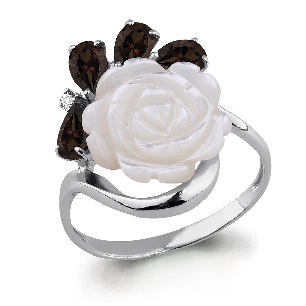 6571201 Кольцо из Серебра с кварцами дымчатыми, поделочным камнем, фианитами