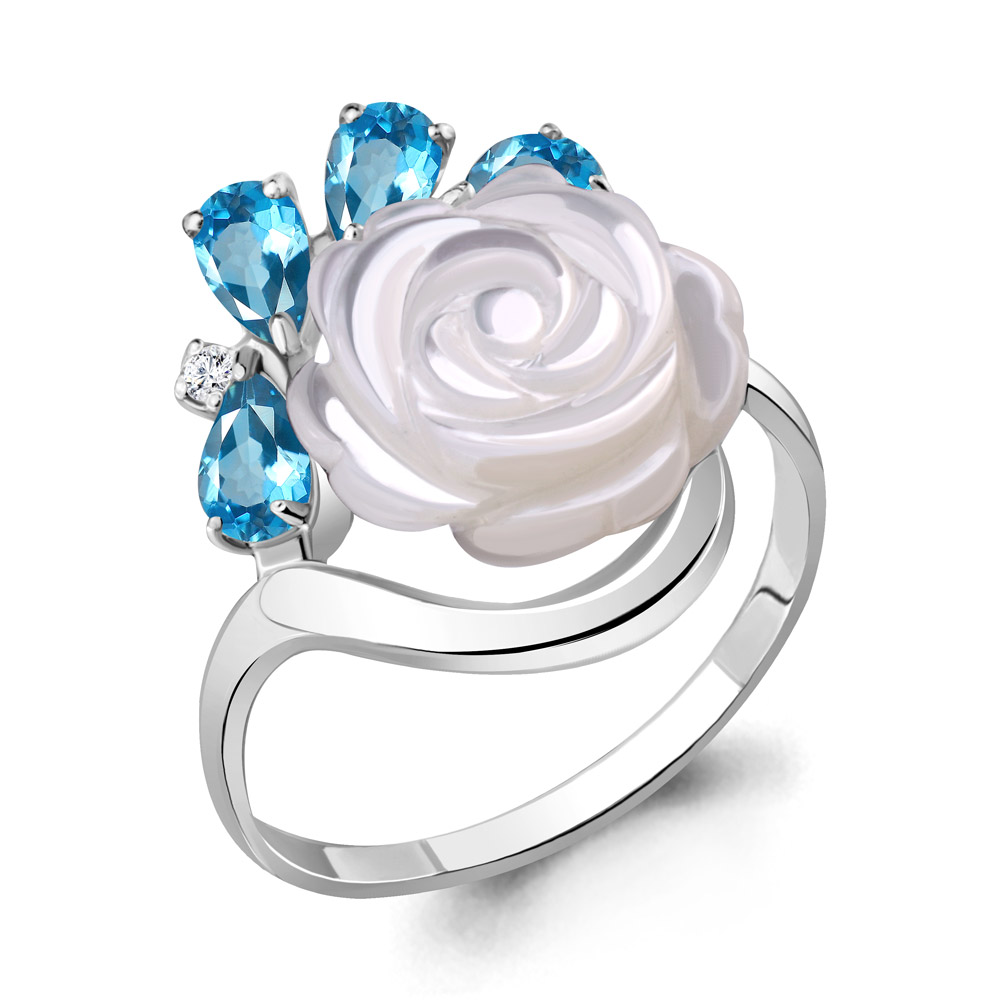 6571205А Кольцо из Серебра с поделочным камнем, топазами свисс блю, фианитами из коллекции "Жозефина"