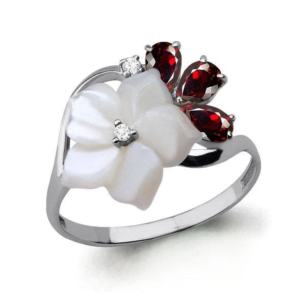 6571403 Кольцо из Серебра с гранатами, поделочным камнем, фианитами