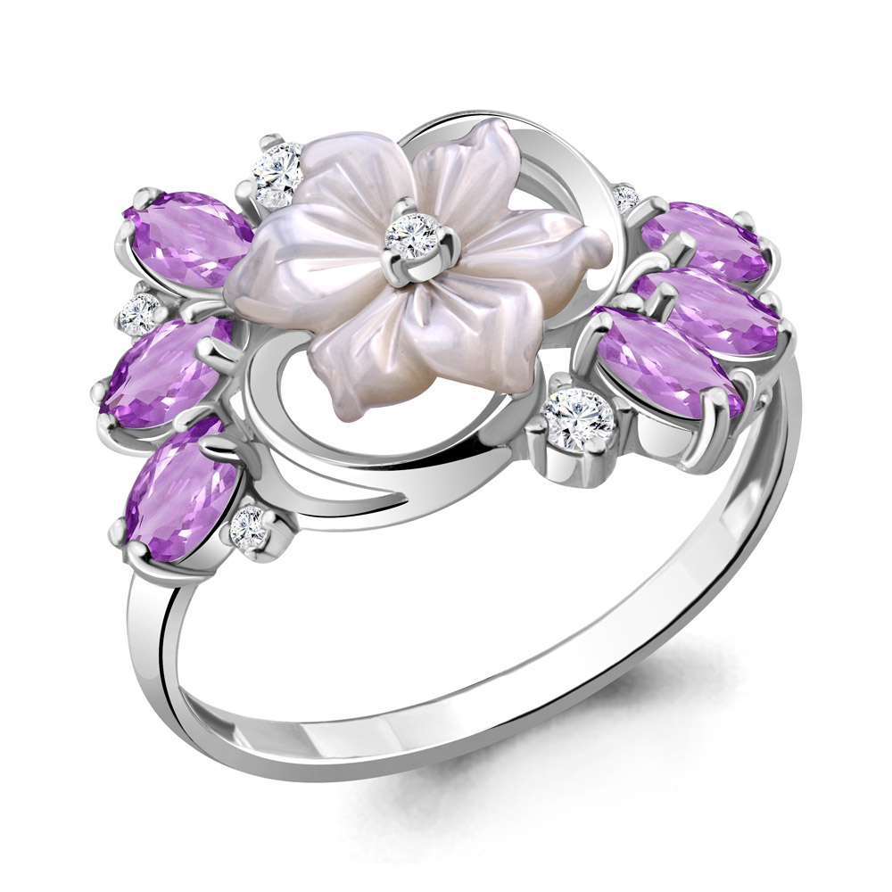 6571504А Кольцо из Серебра с аметистами, поделочным камнем, фианитами из коллекции "Жозефина"