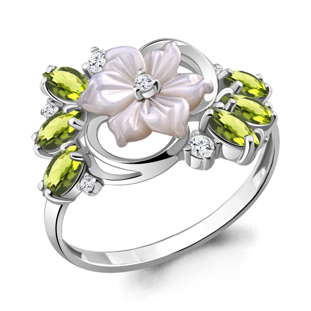 6571507А Кольцо из Серебра с поделочным камнем, фианитами, хризолитами из коллекции "Жозефина"