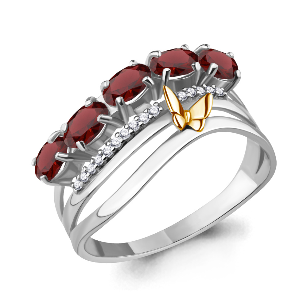 6571603А Кольцо из Серебра с гранатами, фианитами