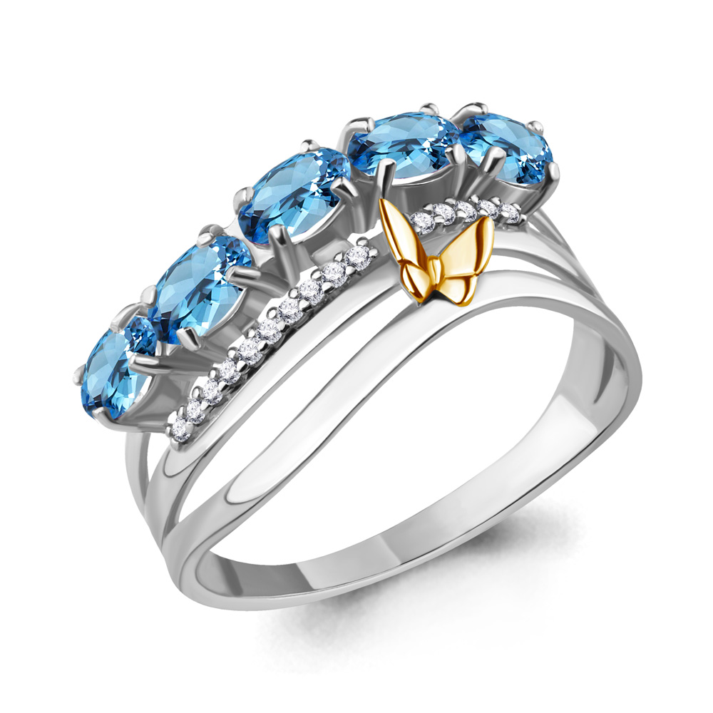 6571605А Кольцо из Серебра с топазами свисс блю, фианитами