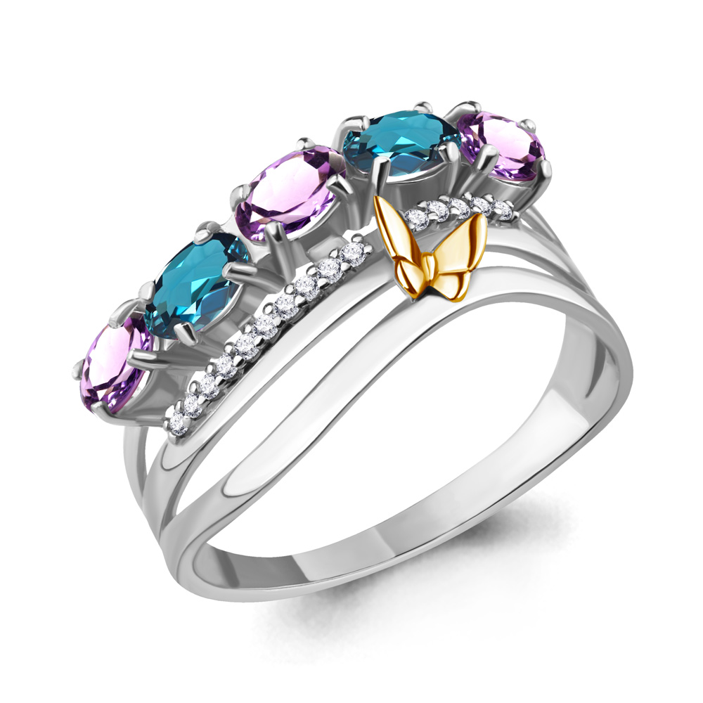 6571632А Кольцо из Серебра с аметистами, топазами лондон блю, фианитами