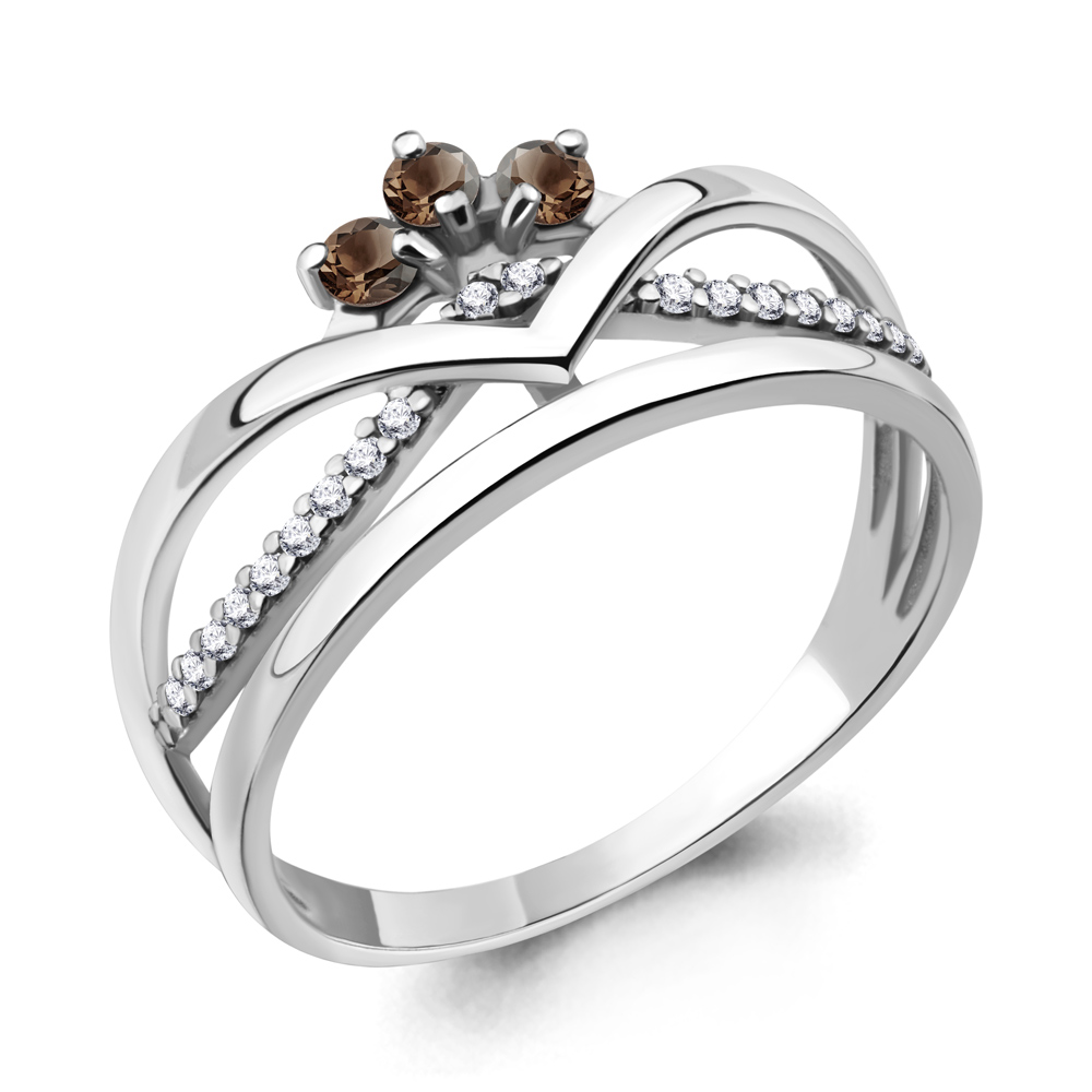 6574001А Кольцо из Серебра с кварцами дымчатыми, фианитами