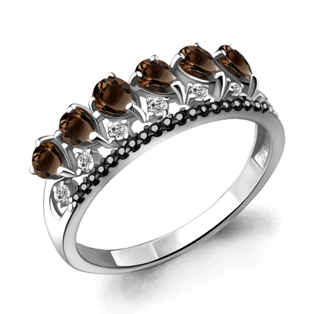 6574601Ч Кольцо из Серебра с кварцами дымчатыми, нанокристаллами, фианитами из коллекции "Gothic"