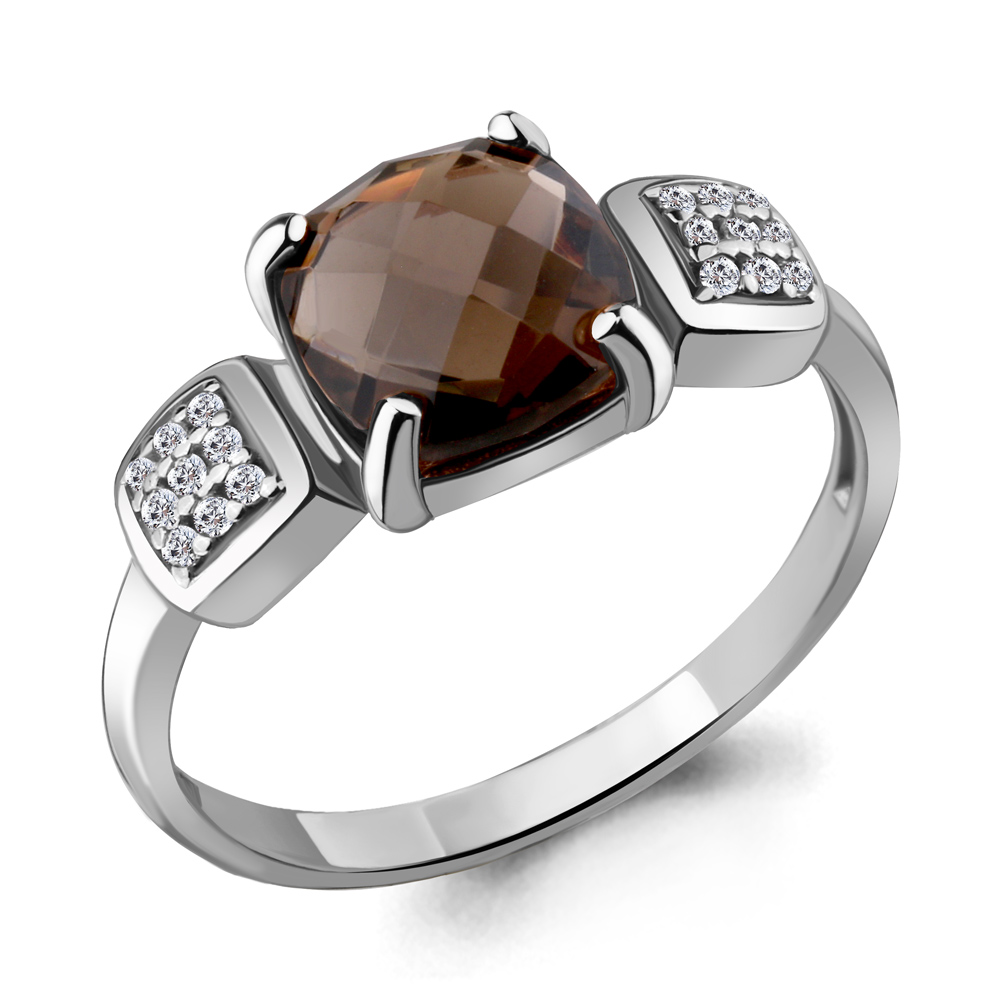 6577301А Кольцо из Серебра с кварцем дымчатым, фианитами