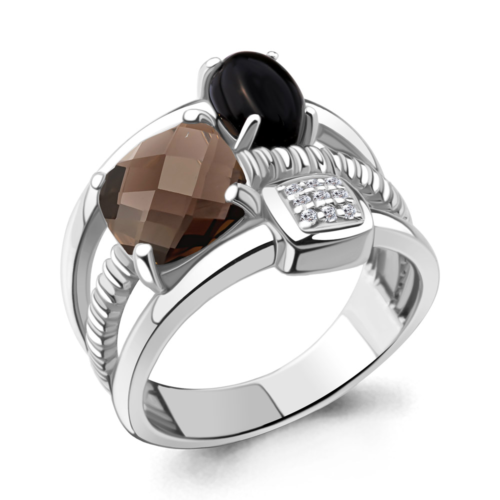 65776514А Кольцо из Серебра с кварцем дымчатым, ониксом, фианитами