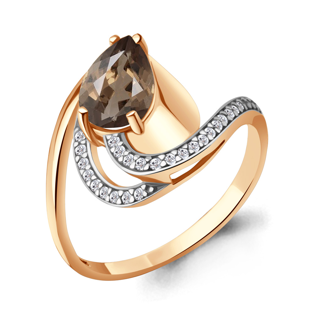 6579101А Кольцо из Золота с кварцем дымчатым, фианитами
