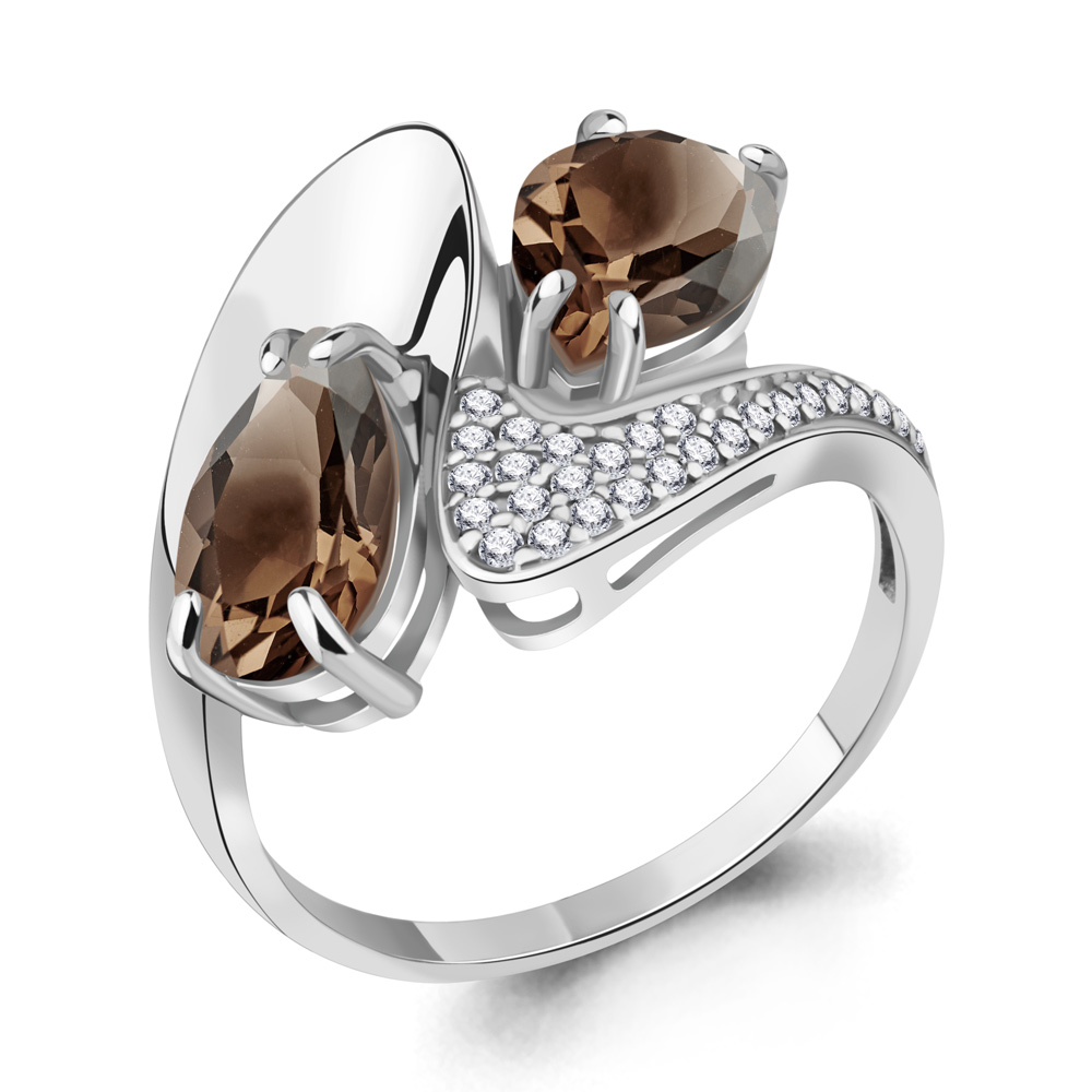 6579401А Кольцо из Серебра с кварцами дымчатыми, фианитами