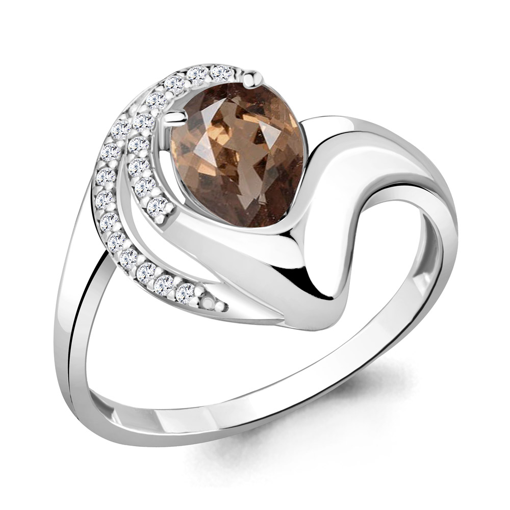 6579601А Кольцо из Серебра с кварцем дымчатым, фианитами