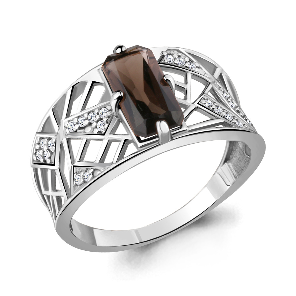 6579801А Кольцо из Серебра с кварцем дымчатым, фианитами