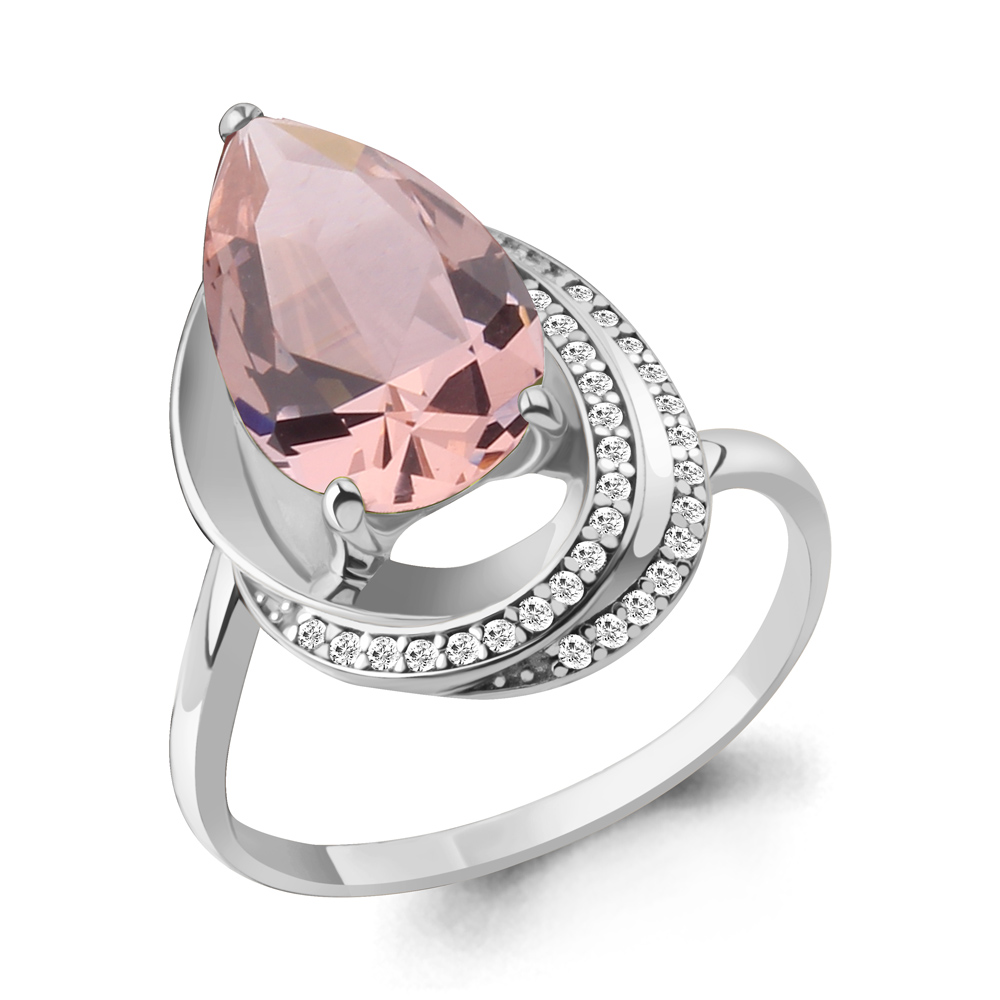 6580390А Кольцо из Серебра с наноморганитом, фианитами из коллекции "Каприз"