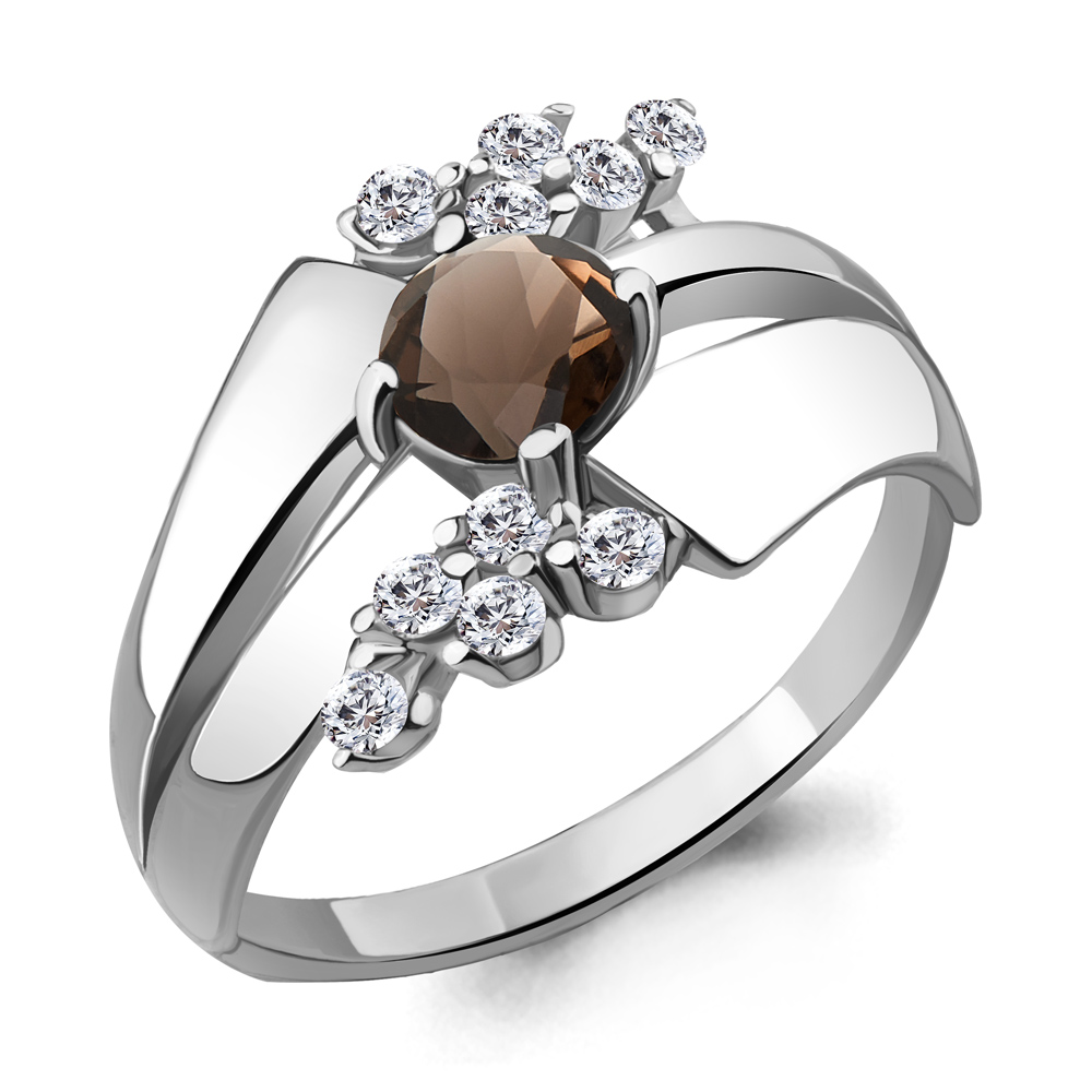 6581401А Кольцо из Серебра с кварцем дымчатым, фианитами