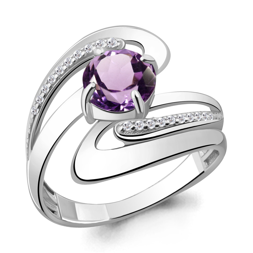 6587804А Кольцо из Серебра с аметистом, фианитами