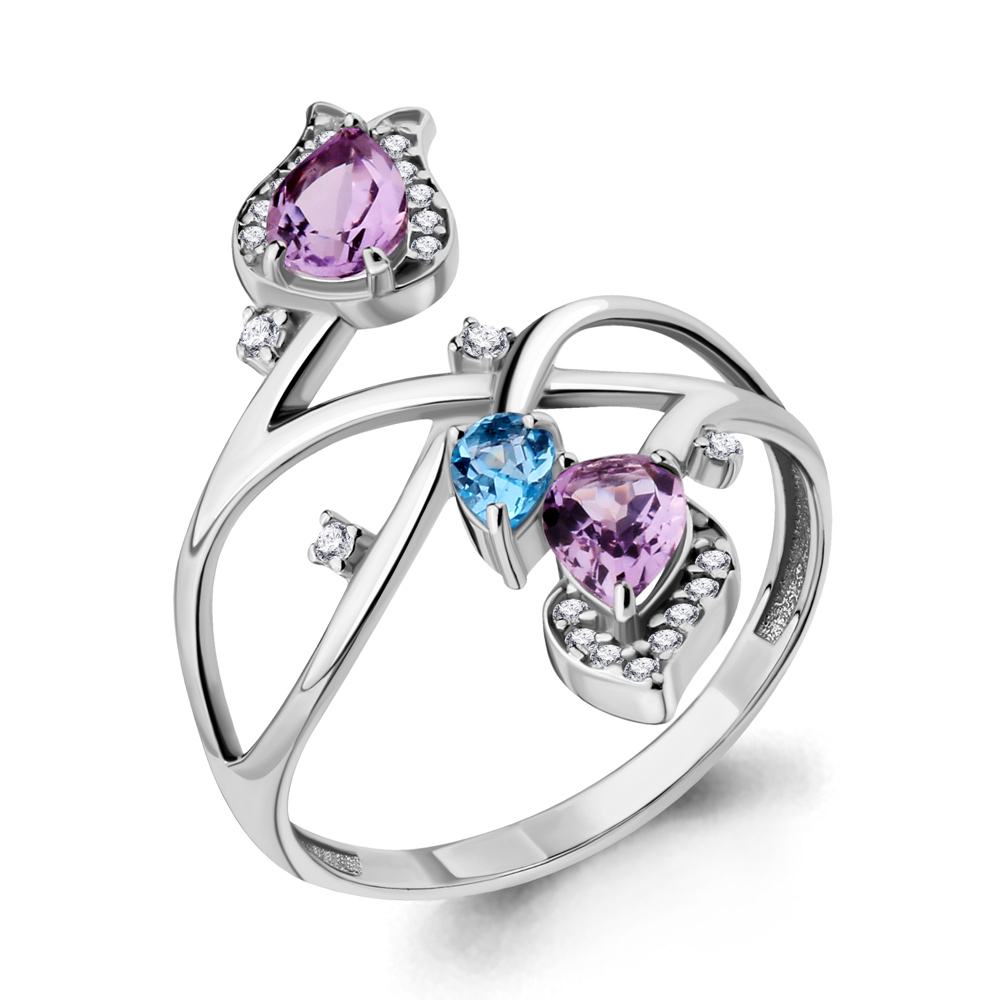 6588330А Кольцо из Серебра с аметистами, топазом свисс блю, фианитами