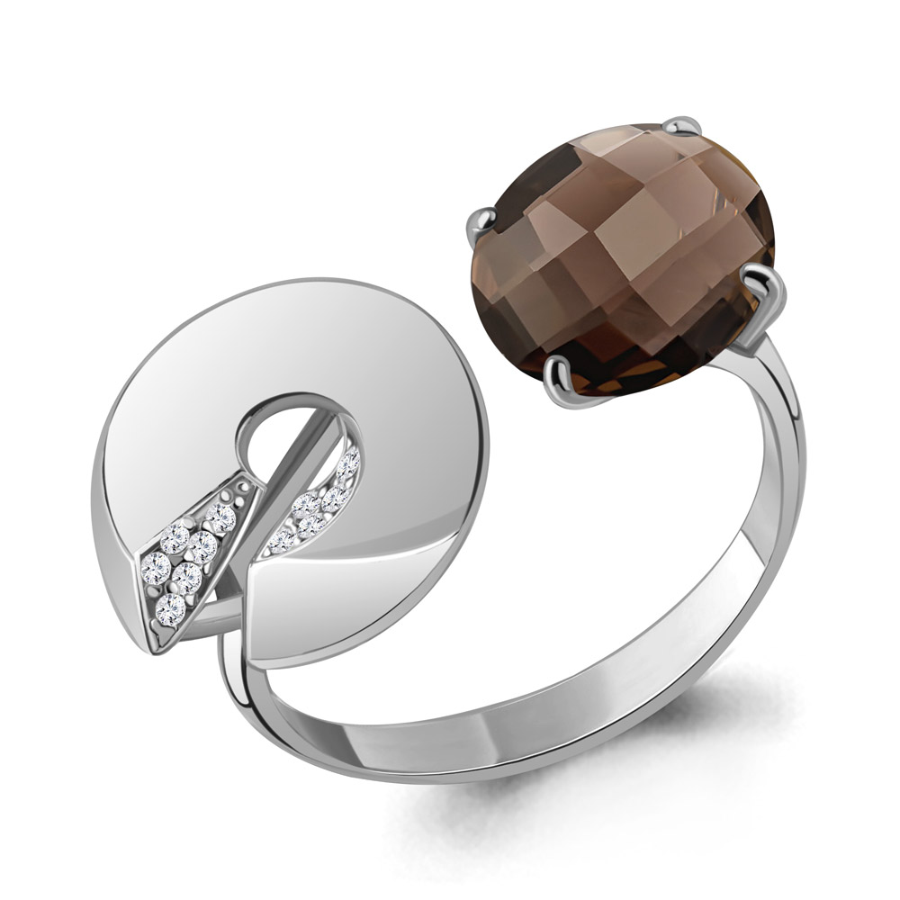 6594601А Кольцо из Серебра с кварцем дымчатым, фианитами