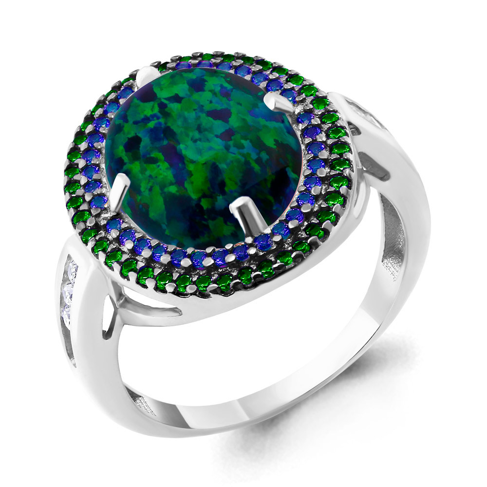 6598696ГБ Кольцо из Серебра с наноизумрудами, наносапфирами, опалом иск., фианитами