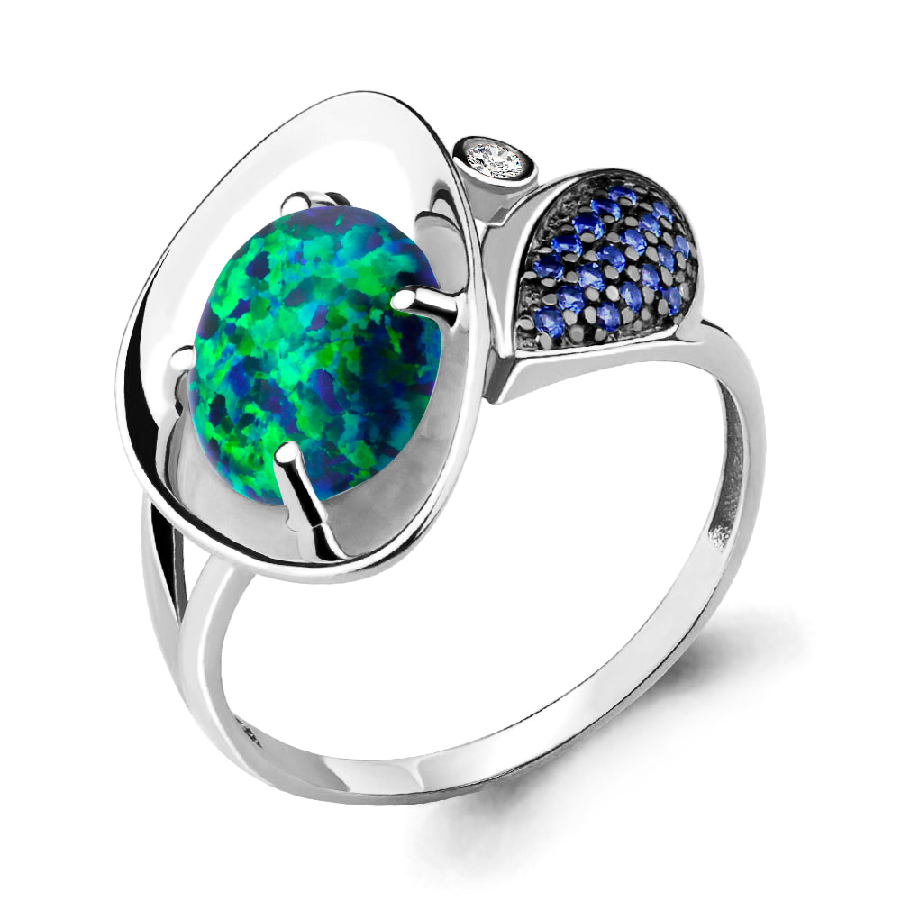 6599396Б Кольцо из Серебра с наносапфирами, опалом иск., фианитом из коллекции "Флёр"