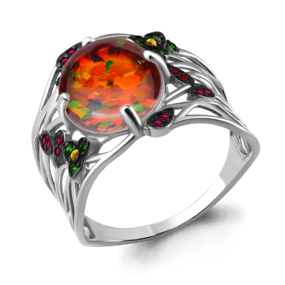 6599787ВГЕ Кольцо из Серебра с наноизумрудами, нанотурмалинами, наноцитриным, опалом иск.