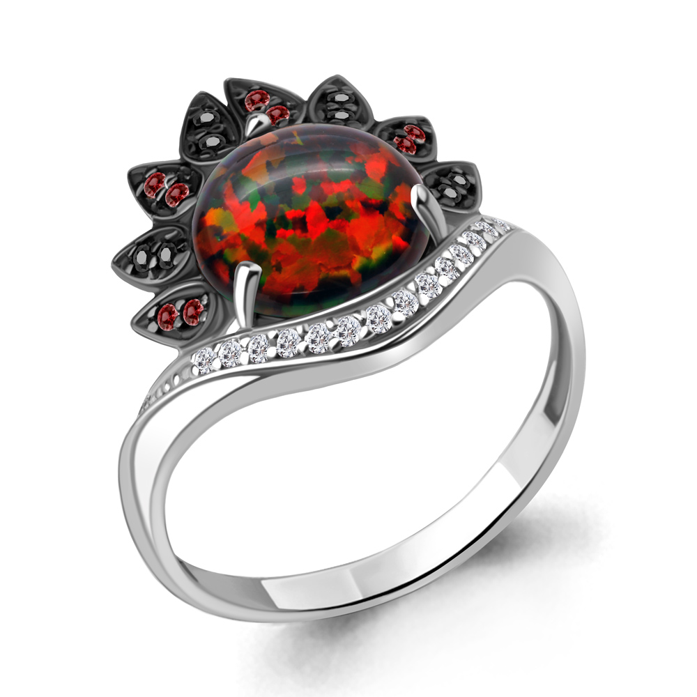6599887ВЧ Кольцо из Серебра с нанокристаллами, нанотурмалинами, опалом иск., фианитами из коллекции "Флёр"