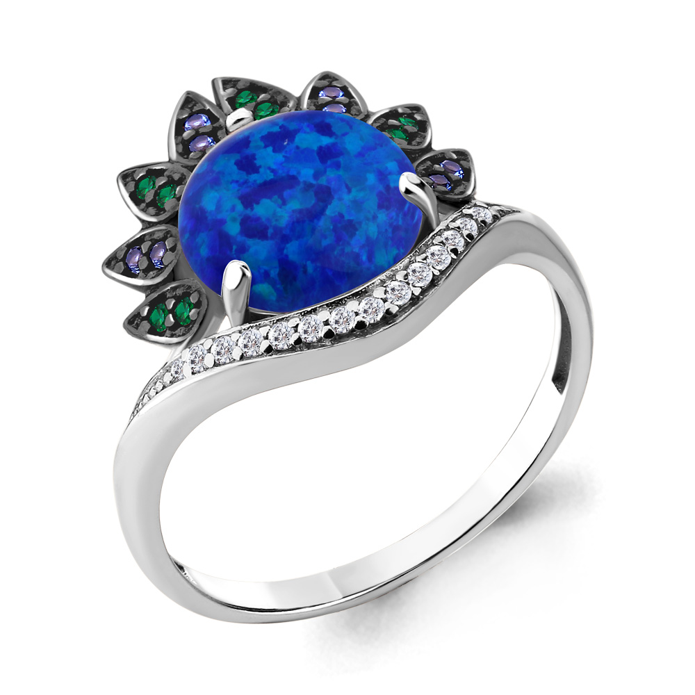 6599895ГБ Кольцо из Серебра с наноизумрудами, наносапфирами, опалом иск., фианитами из коллекции "Флёр"