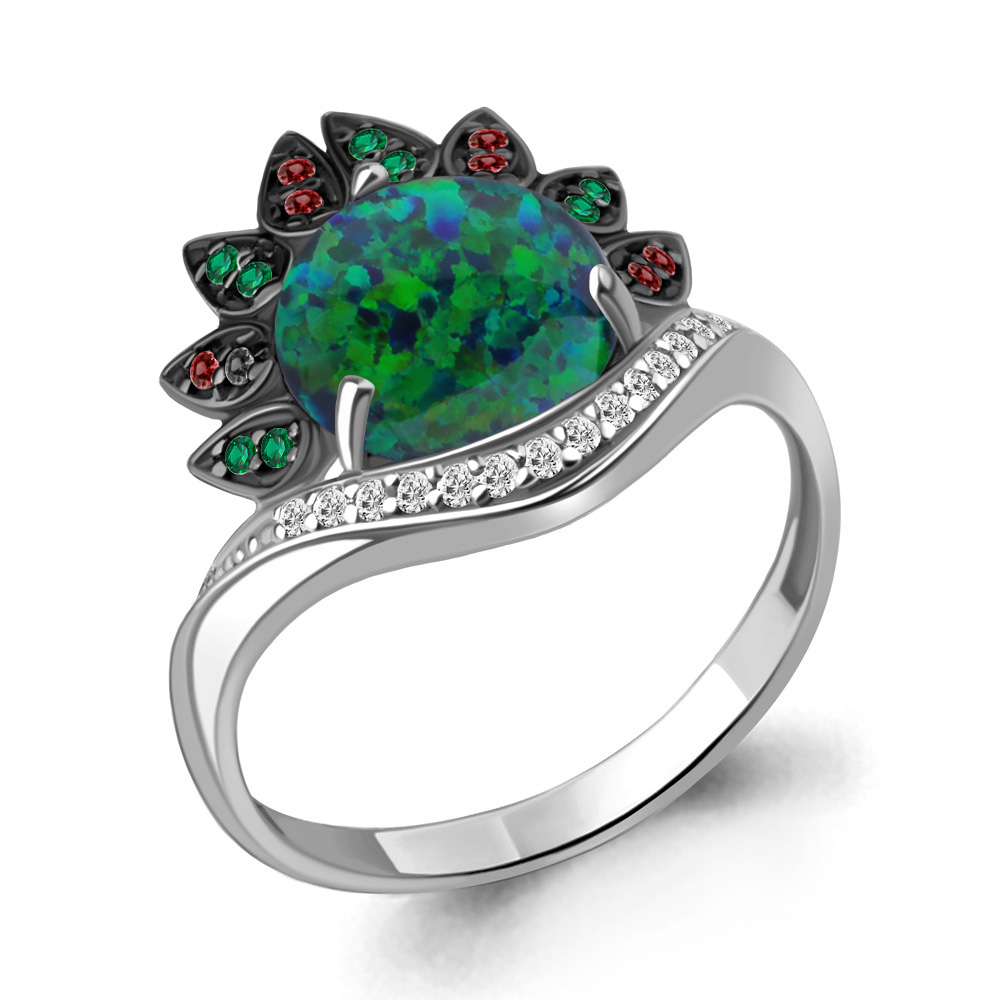 6599896ВГ Кольцо из Серебра с наноизумрудами, нанотурмалинами, опалом иск., фианитами из коллекции "Флёр"