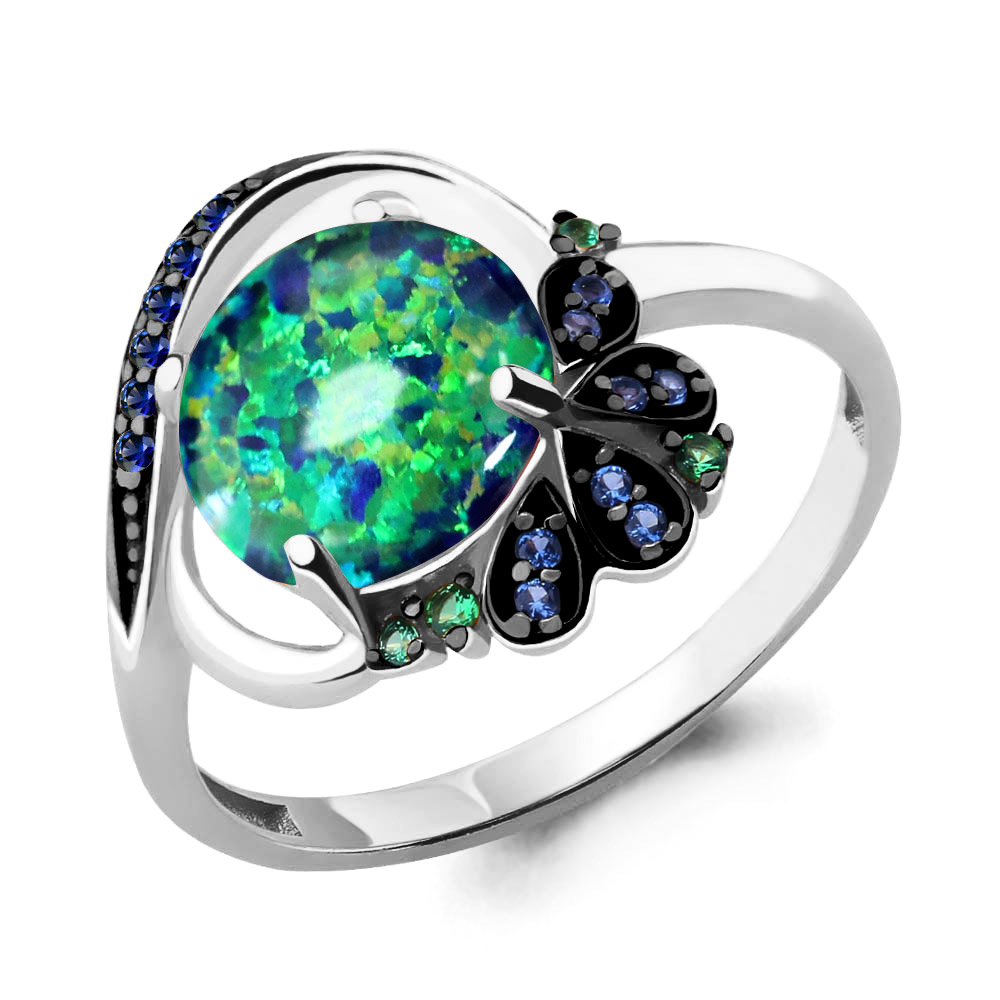 6599996БГ Кольцо из Серебра с наноизумрудами, наносапфирами, наносапфирами, опалом иск. из коллекции "Флёр"