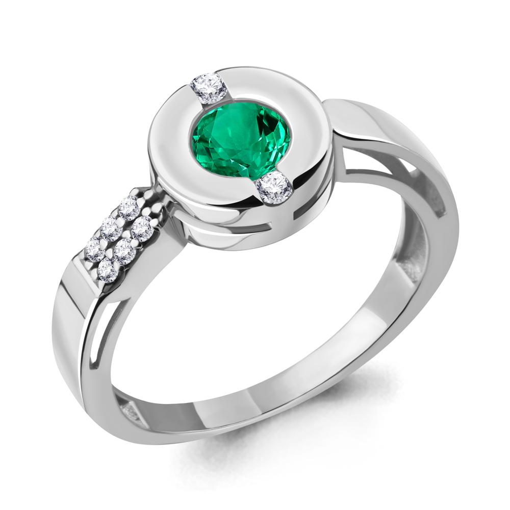 66643АГ Кольцо из Серебра с наноизумрудом, фианитами